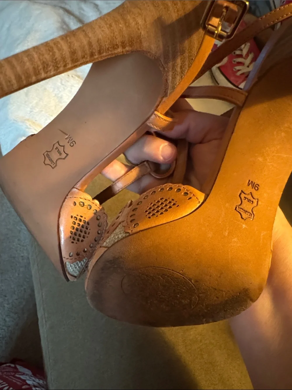 Tory Burch Tan Laser-Cut T-Strap Heels